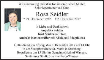 Todesanzeige von Rosa Seidler von merkurtz