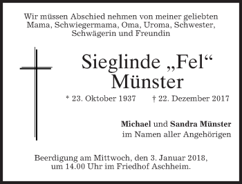 Todesanzeige von Sieglinde Münster von merkurtz
