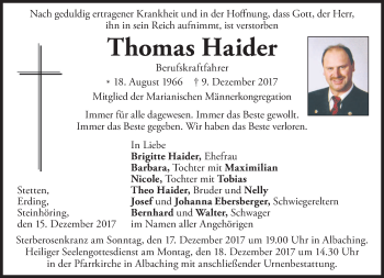 Todesanzeige von Thomas Haider von merkurtz
