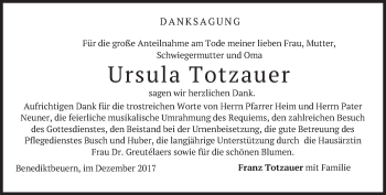 Todesanzeige von Ursula Totzauer von merkurtz