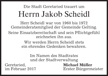 Todesanzeige von Jakob Scheidl von merkurtz