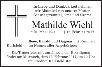 Todesanzeige von Mathilde Wiehl von merkurtz