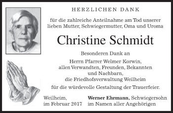 Todesanzeige von Christine Schmidt von merkurtz