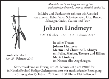 Todesanzeige von Johann Lindmeyr von merkurtz