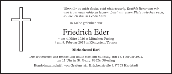 Todesanzeige von Friedrich Eder von merkurtz