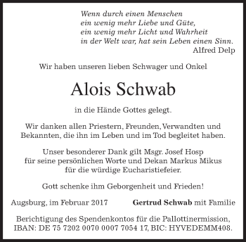 Todesanzeige von Alois Schwab von merkurtz
