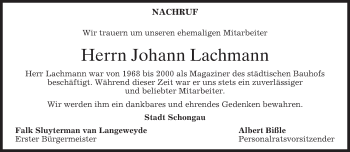 Todesanzeige von Johann Lachmann von merkurtz