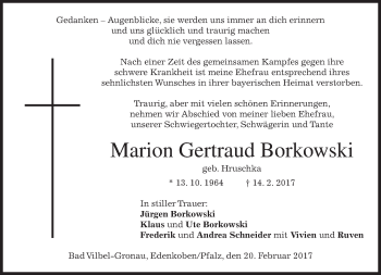 Todesanzeige von Marion Gertraud Borkowski von merkurtz