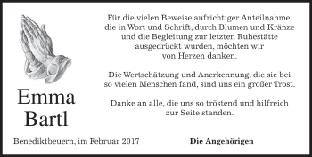 Todesanzeige von Emma Bartl von merkurtz