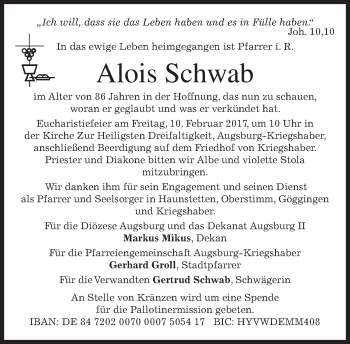 Todesanzeige von Alois Schwab von merkurtz