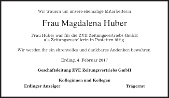 Todesanzeige von Magdalena Huber von merkurtz