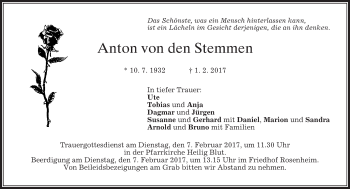 Todesanzeige von Anton von den Stemmen von merkurtz
