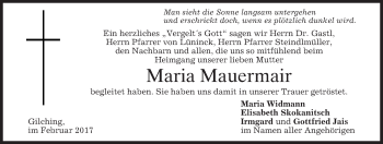 Todesanzeige von Maria Mauermair von merkurtz