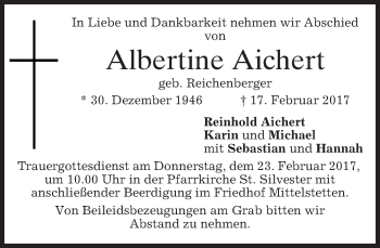 Todesanzeige von Albertine Aichert von merkurtz