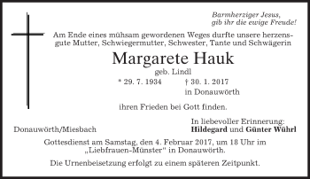 Todesanzeige von Margarete Hauk von merkurtz