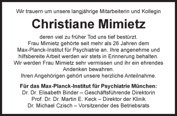 Todesanzeige von Christiane Mimietz von merkurtz