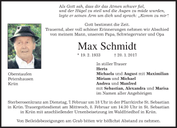 Todesanzeige von Max Schmidt von merkurtz
