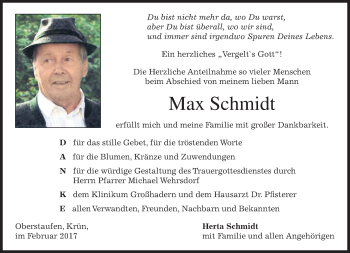 Todesanzeige von Max Schmidt von merkurtz