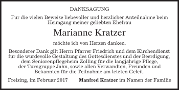 Todesanzeige von Marianne Kratzer von merkurtz