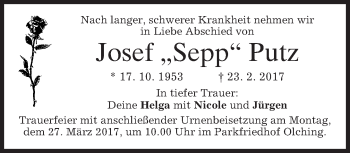 Todesanzeige von Josef Sepp Putz von merkurtz