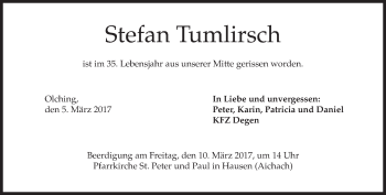 Todesanzeige von Stefan Tumlirsch von merkurtz