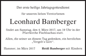 Todesanzeige von Leonhard Bamberger von merkurtz
