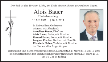 Todesanzeige von Alois Bauer von merkurtz