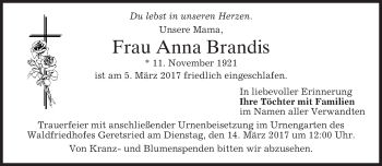 Todesanzeige von Anna Brandis von merkurtz