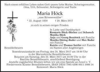Todesanzeige von Maria Höck von merkurtz