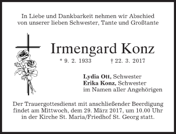 Todesanzeige von Irmengard Konz von merkurtz