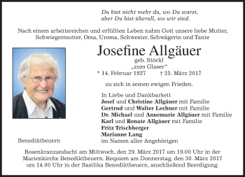 Todesanzeige von Josefine Allgäuer von merkurtz
