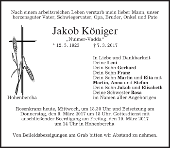 Todesanzeige von Jakob Königer von merkurtz