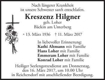 Todesanzeige von Kreszenz Hilgner von merkurtz
