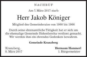 Todesanzeige von Jakob Königer von merkurtz