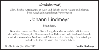 Todesanzeige von Johann Lindmeyr von merkurtz