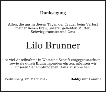 Todesanzeige von Lilo Brunner von merkurtz
