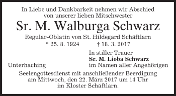Todesanzeige von Walburga Schwarz von merkurtz