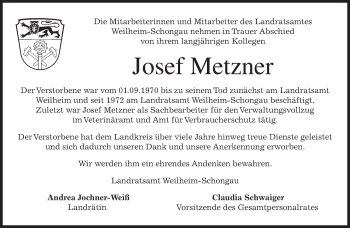 Todesanzeige von Josef Metzner von merkurtz