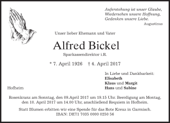 Todesanzeige von Alfred Bickel von merkurtz