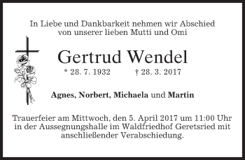 Todesanzeige von Gertrud Wendel von merkurtz