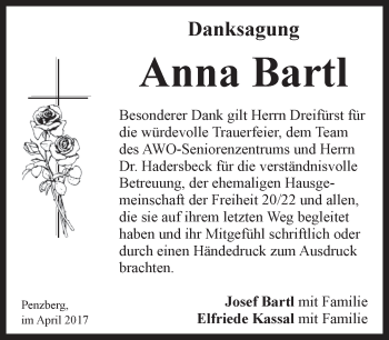 Todesanzeige von Anna Bartl von Das Gelbe Blatt Penzberg