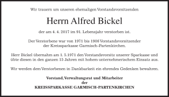 Todesanzeige von Alfred Bickel von merkurtz