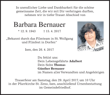 Todesanzeige von Barbara Bernauer von merkurtz