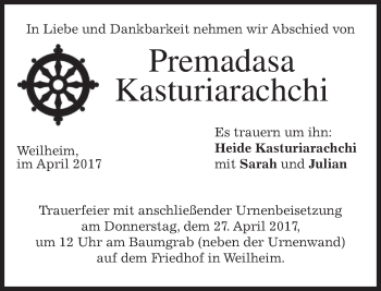 Todesanzeige von Premadasa Kasturiarachchi von merkurtz