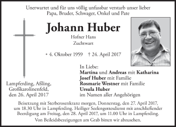 Todesanzeige von Johann Huber von merkurtz