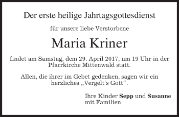 Todesanzeige von Maria Kriner von merkurtz