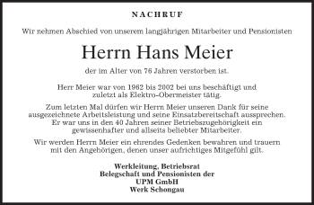 Todesanzeige von Hans Meier von merkurtz