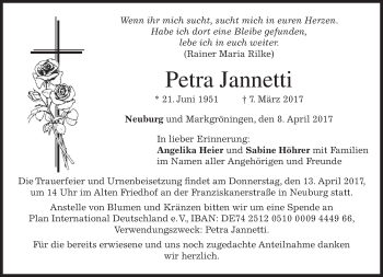 Todesanzeige von Petra Jannetti von merkurtz