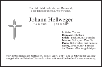 Todesanzeige von Johann Hellweger von merkurtz