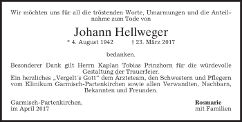Todesanzeige von Johann Hellweger von merkurtz